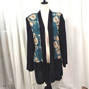 Vintage 80s Floral Open‎ Front 100% Rayon Black & Green Cardigan Size M USA Made